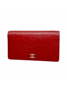 Chanel Wallet Camellia Lambskin Red Silver